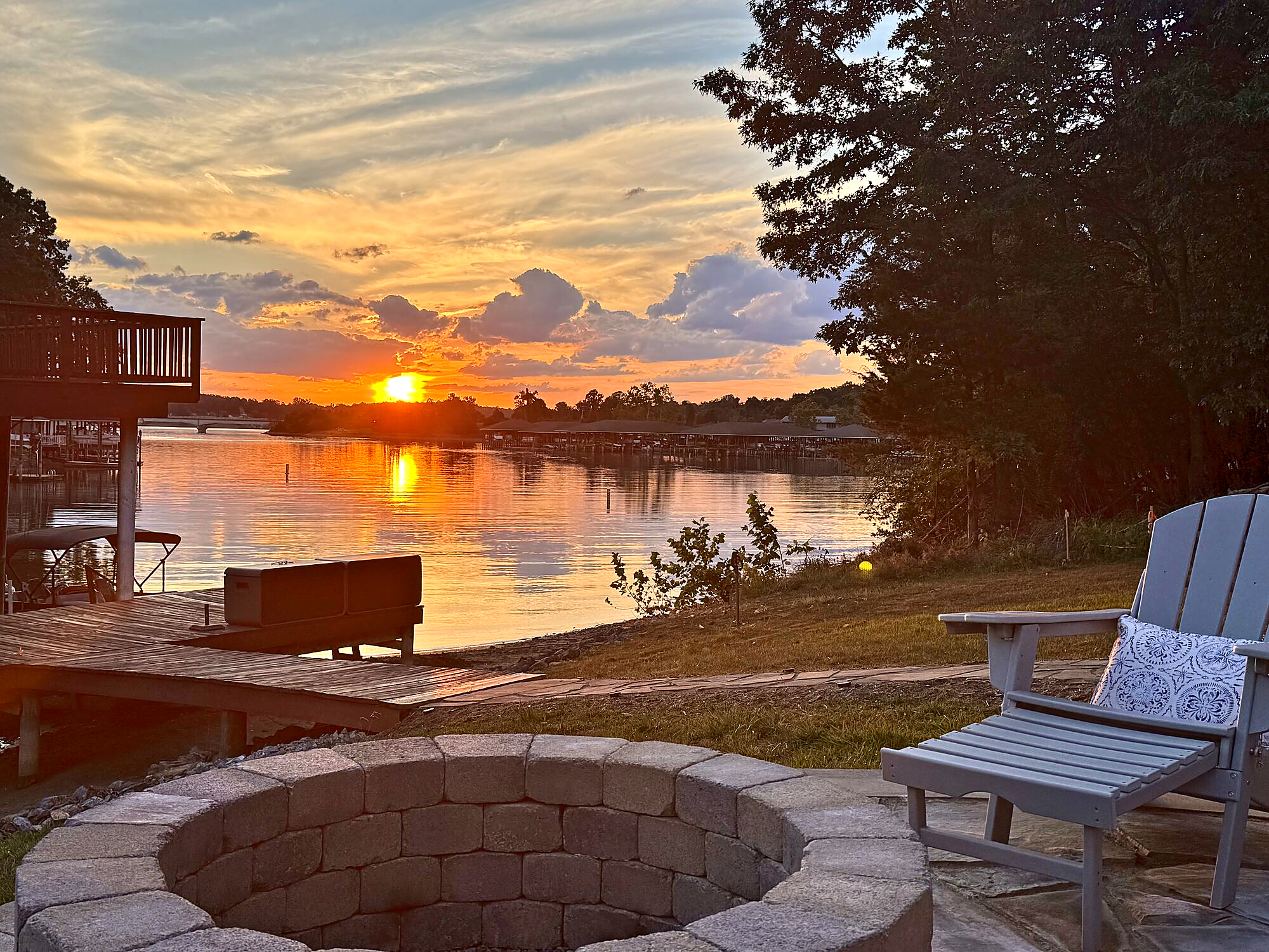 Lakeside firepit at sunset over Smith Mountain Lake